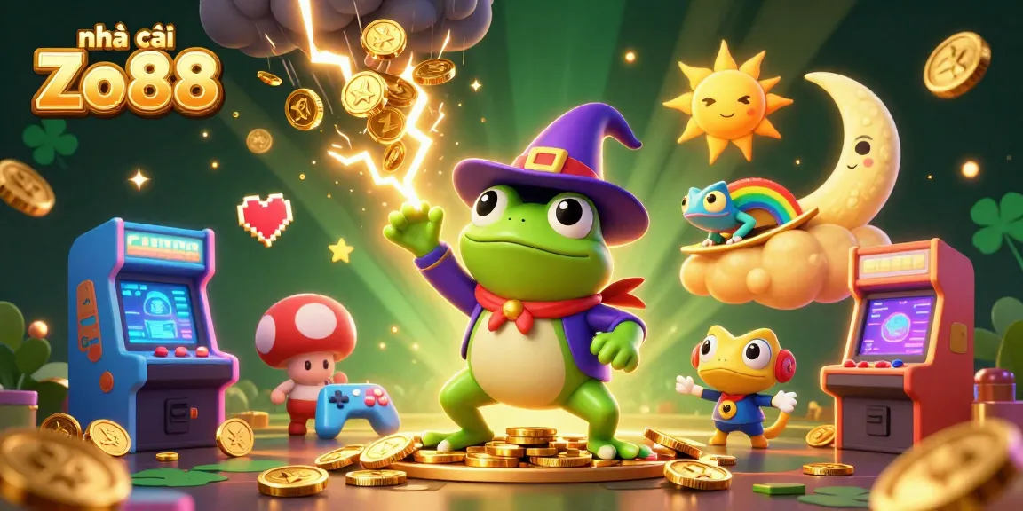 Join the action at nhà cái Zo88 while the wizard frog unleashes golden coins in a vibrant casino atmosphere.