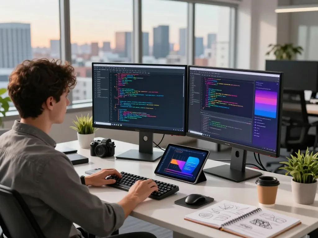 Open claw personal AI assistant in a tech workspace with coding displays and modern gadgets.