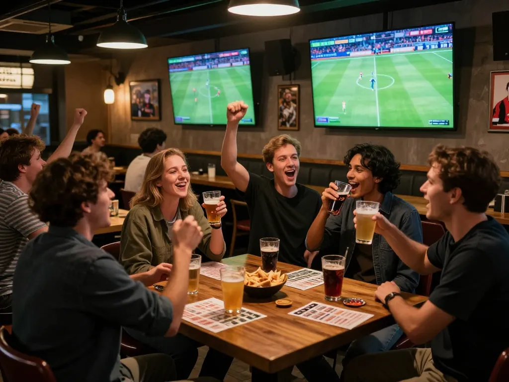 Friends enjoying live soccer action and betting at vsc10 sports bar, dynamic atmosphere and excitement