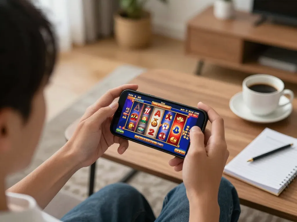 Player enjoying hay88x mobile casino app on smartphone in a cozy home setting