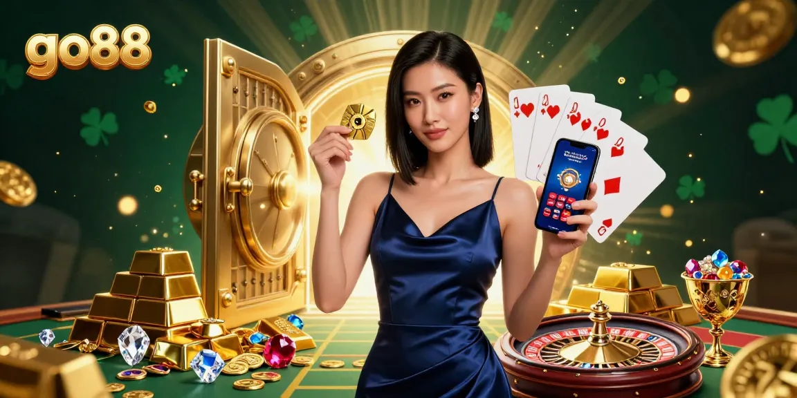 Engage in winning strategies with go88 casino app showcased by an elegant woman.