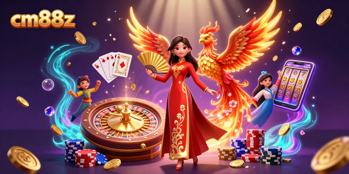 Cascade your wins at cm88z with a vibrant 3D illustration of a woman in traditional attire and phoenix, embodying the thrill of casino excitement.