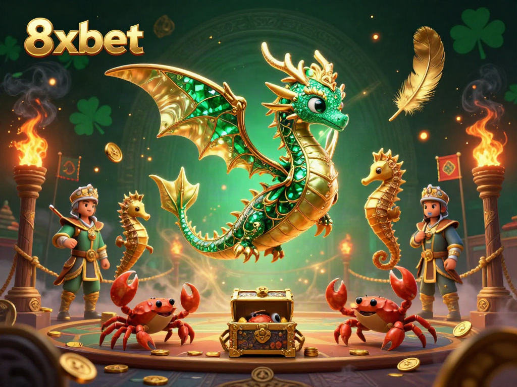 Experience the excitement of 8xbet with a vibrant sea dragon illustration in a captivating casino scene.