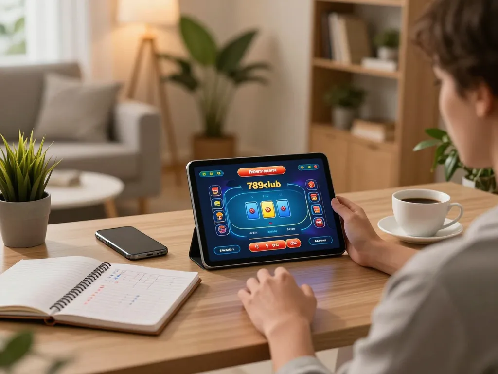 Người chơi đang khám phá trò chơi casino trực tuyến của 789club trên máy tính bảng tại một văn phòng làm việc thoải mái.