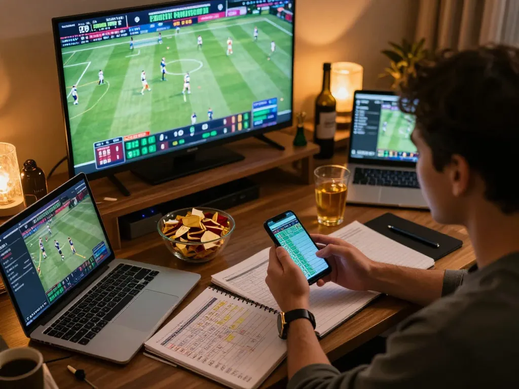 Person placing sports bets using smartphone during live matches at CO88 home setup with snacks.