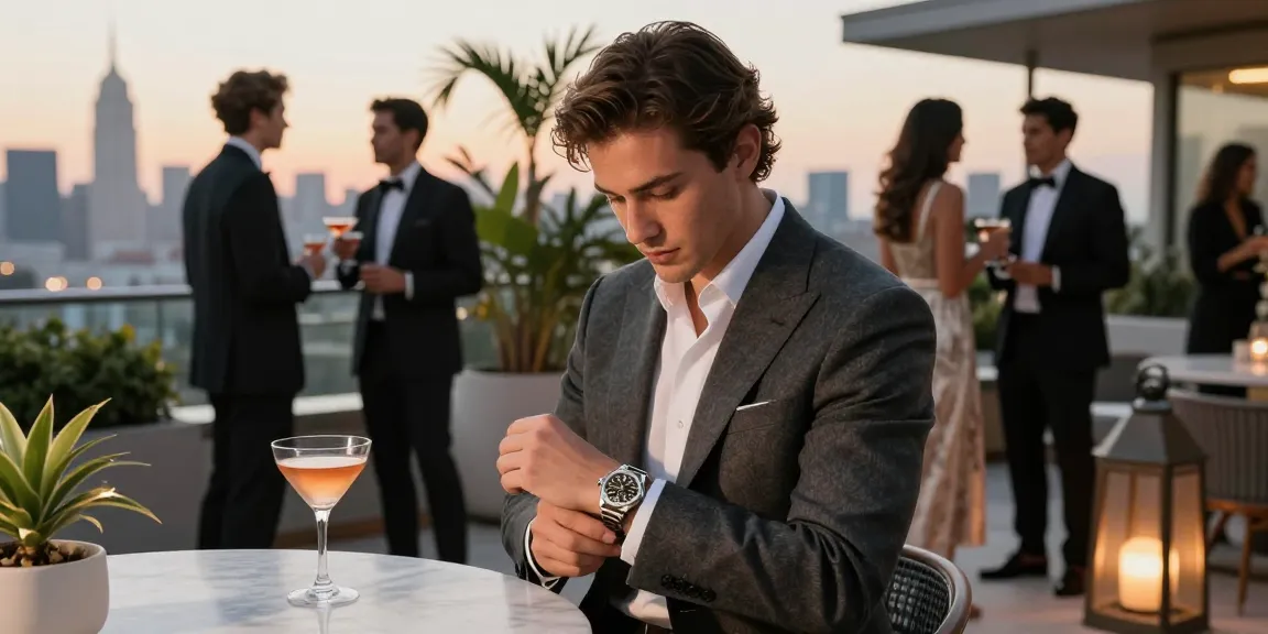 Elegant individual showcasing a replica watch at a rooftop cocktail party, surrounded by a stylish modern setting.