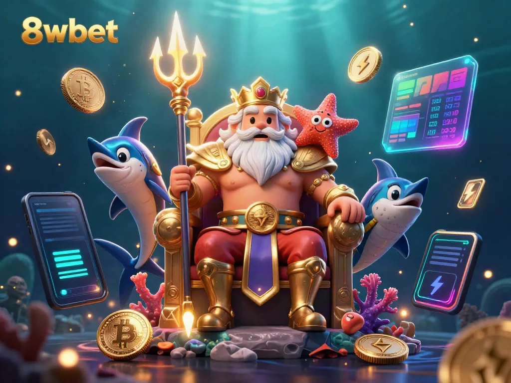 Engage with 8xbet's vivid underwater casino experience featuring Neptune and crypto icons.