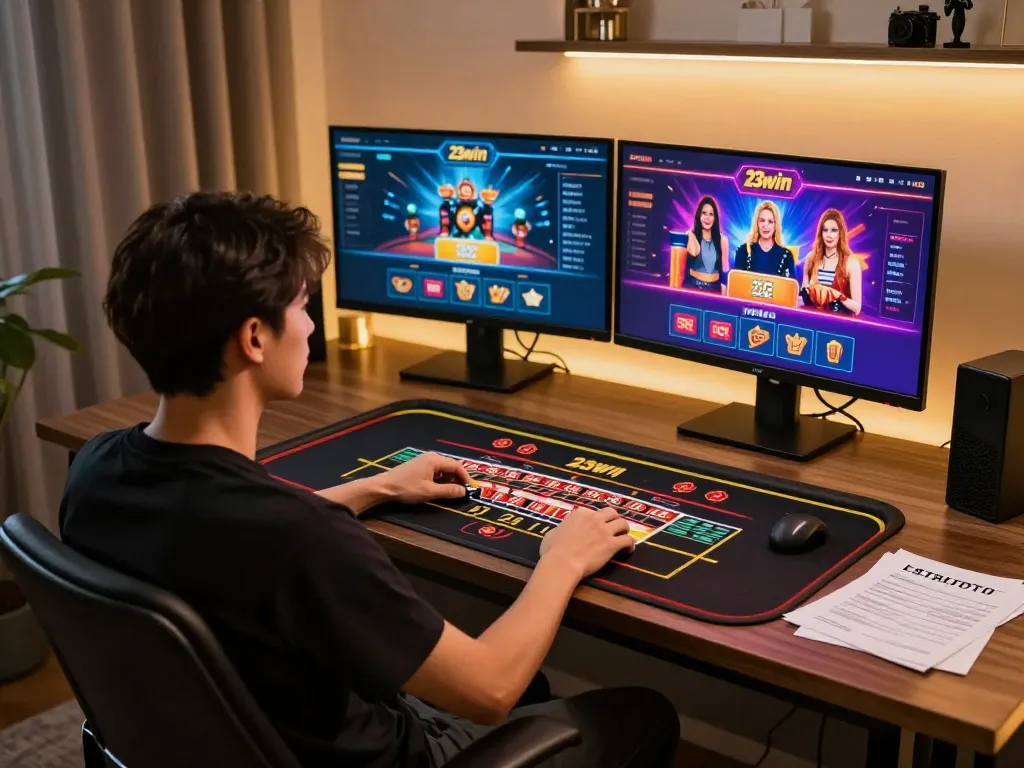 Engaging online gaming experience at 23win with live dealer roulette and strategic notes.