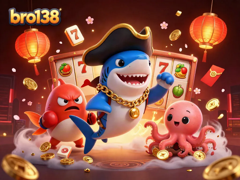 Play exciting slots with bro138 featuring a pirate shark, pufferfish, and octopus amidst festive game elements.
