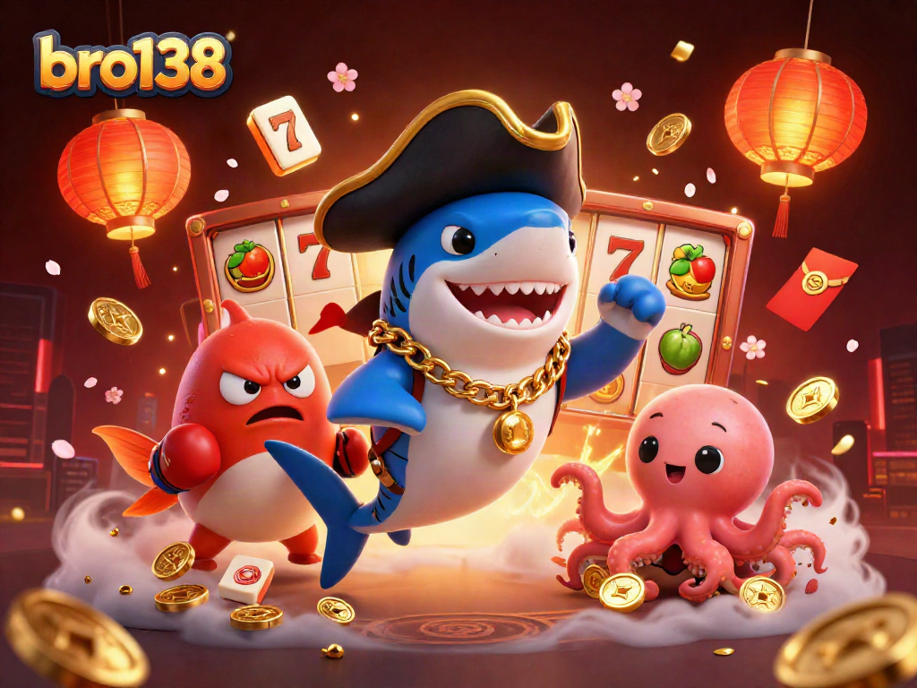 Play exciting slots with bro138 featuring a pirate shark, pufferfish, and octopus amidst festive game elements.