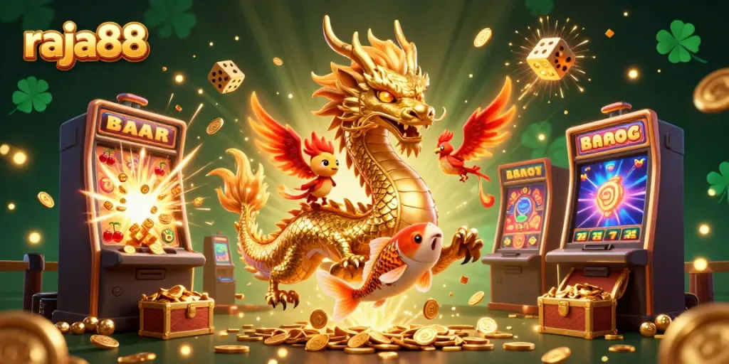 Experience the excitement of raja88 with golden dragon, phoenix, and koi fish amid casino elements.