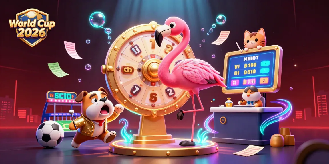Engaging World Cup 2026 illustration featuring a flamingo game show host and bulldog contestant in a sports betting scene.