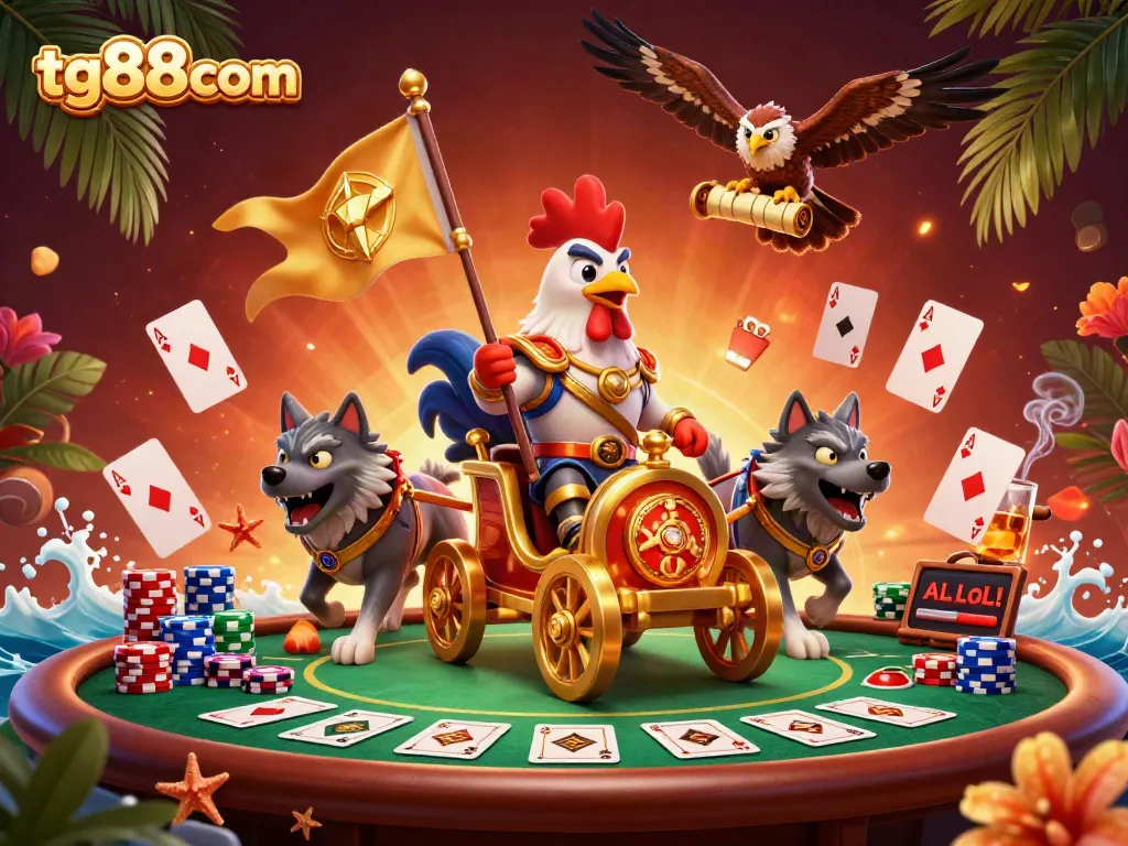 Battle-ready rooster warlord leads tg88com's exciting poker scene amid vibrant casino elements