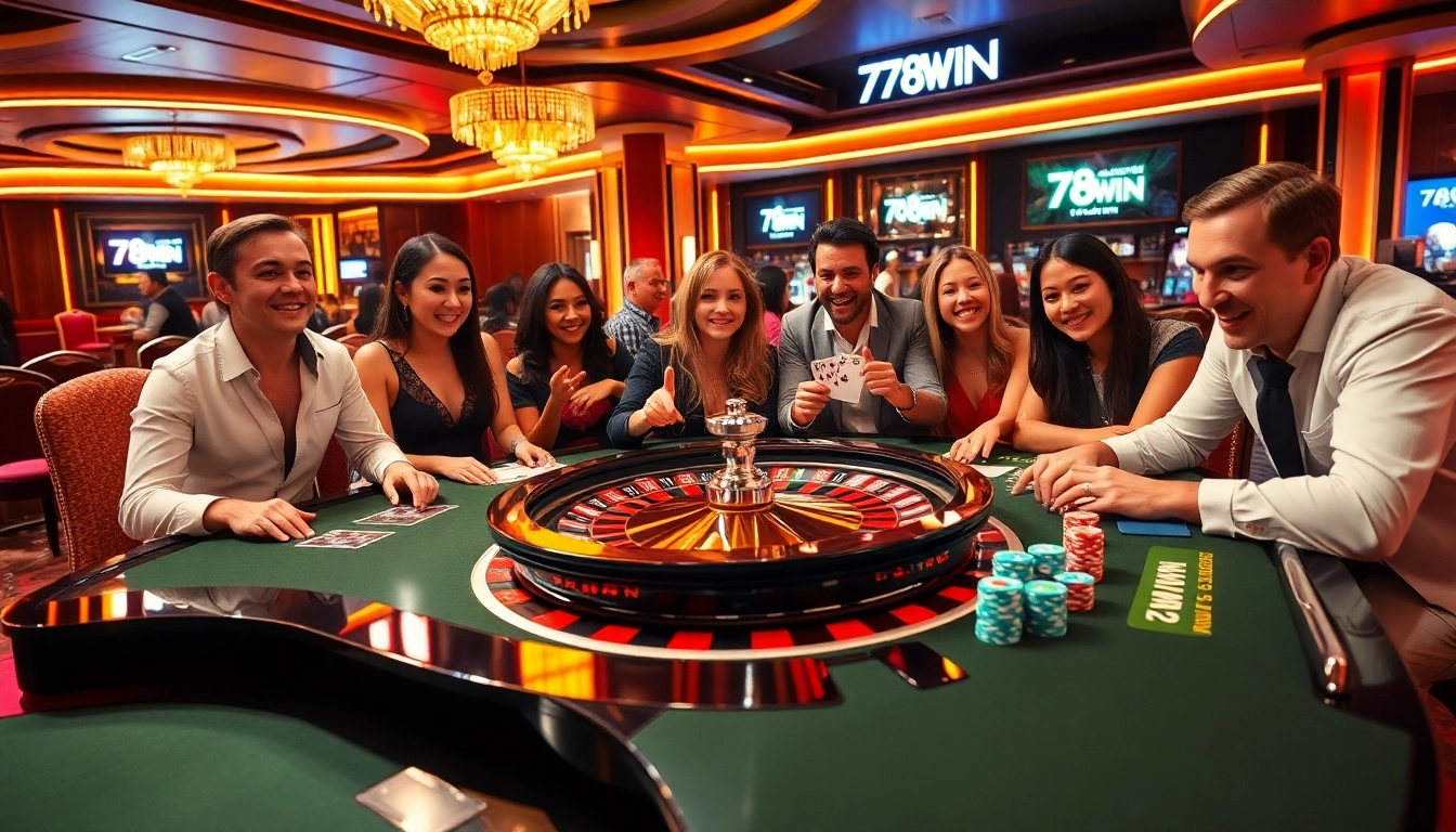 Experience high-stakes gaming at 78WIN with vibrant casino elements like poker chips and roulette, showcasing excitement.