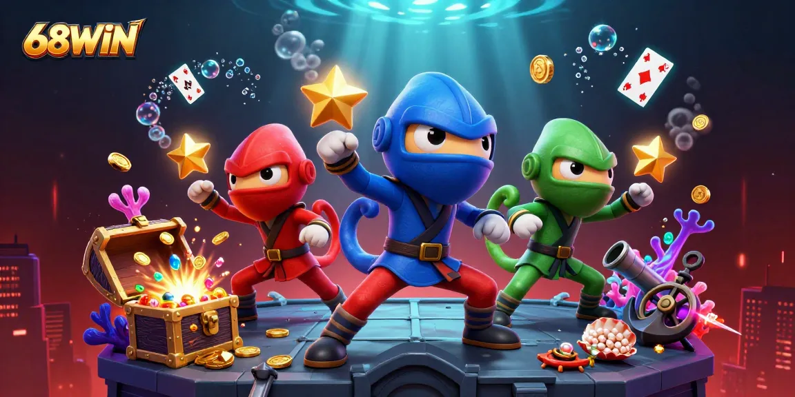 68WIN showcases a dynamic scene with ninja chameleons and casino elements, representing thrilling gambling action.