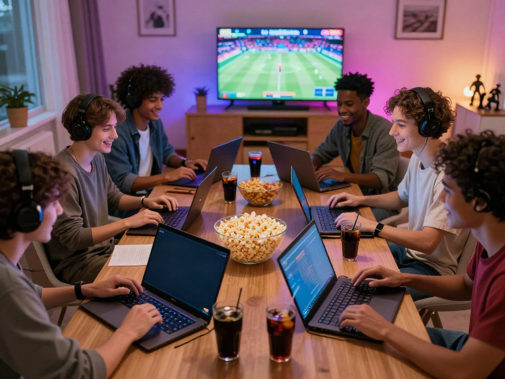 Exciting gaming group enjoying online betting on https://five88.boats/ in a lively living room.