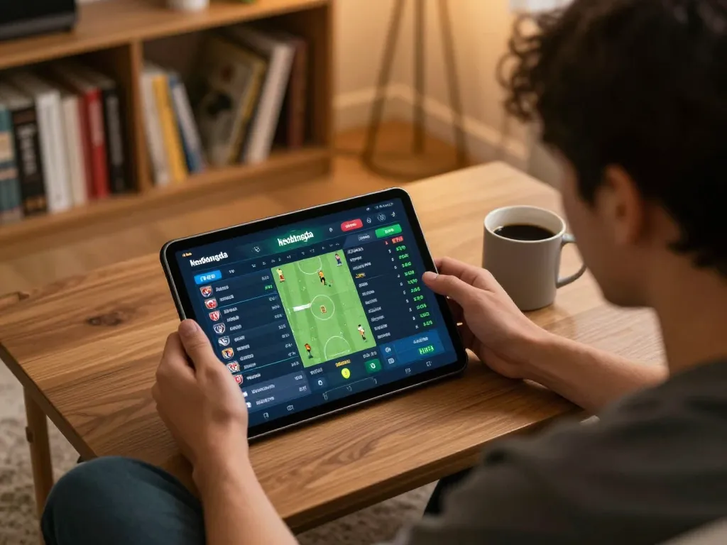 Engaged user analyzing keobongda sports betting odds on tablet in cozy home setting