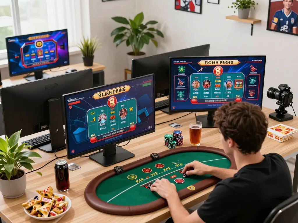 Player engaging with f8betz live dealer poker on multiple screens in a modern home