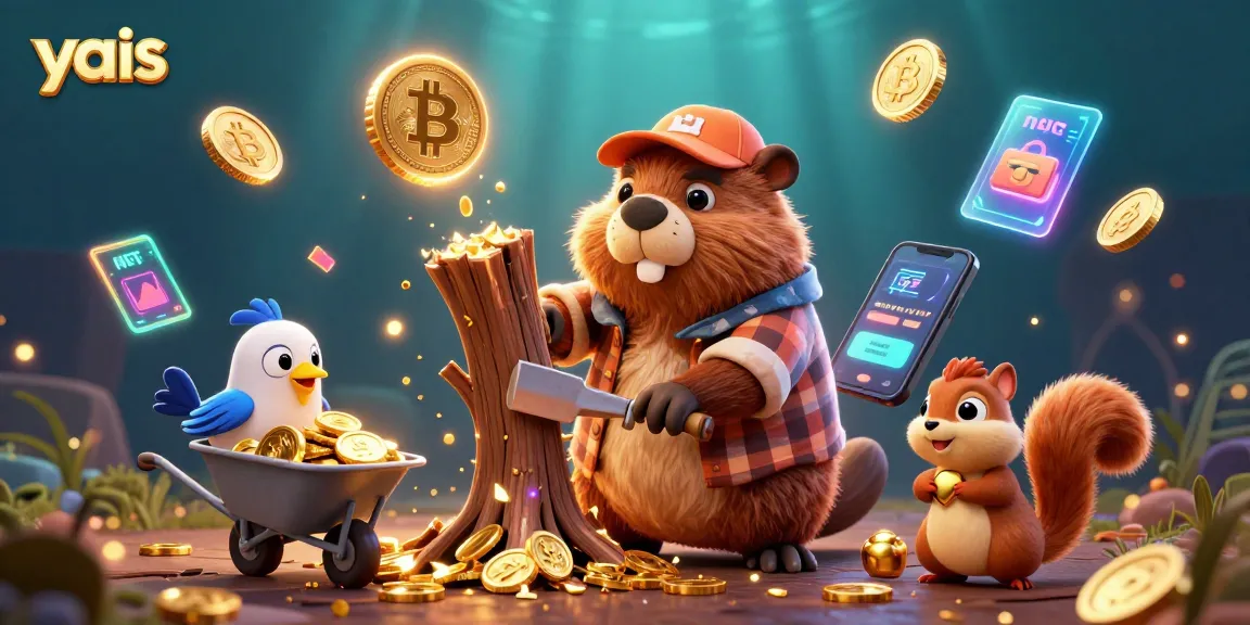 Join yais in a vibrant casino adventure with golden coin rain, crypto elements, and engaging characters.