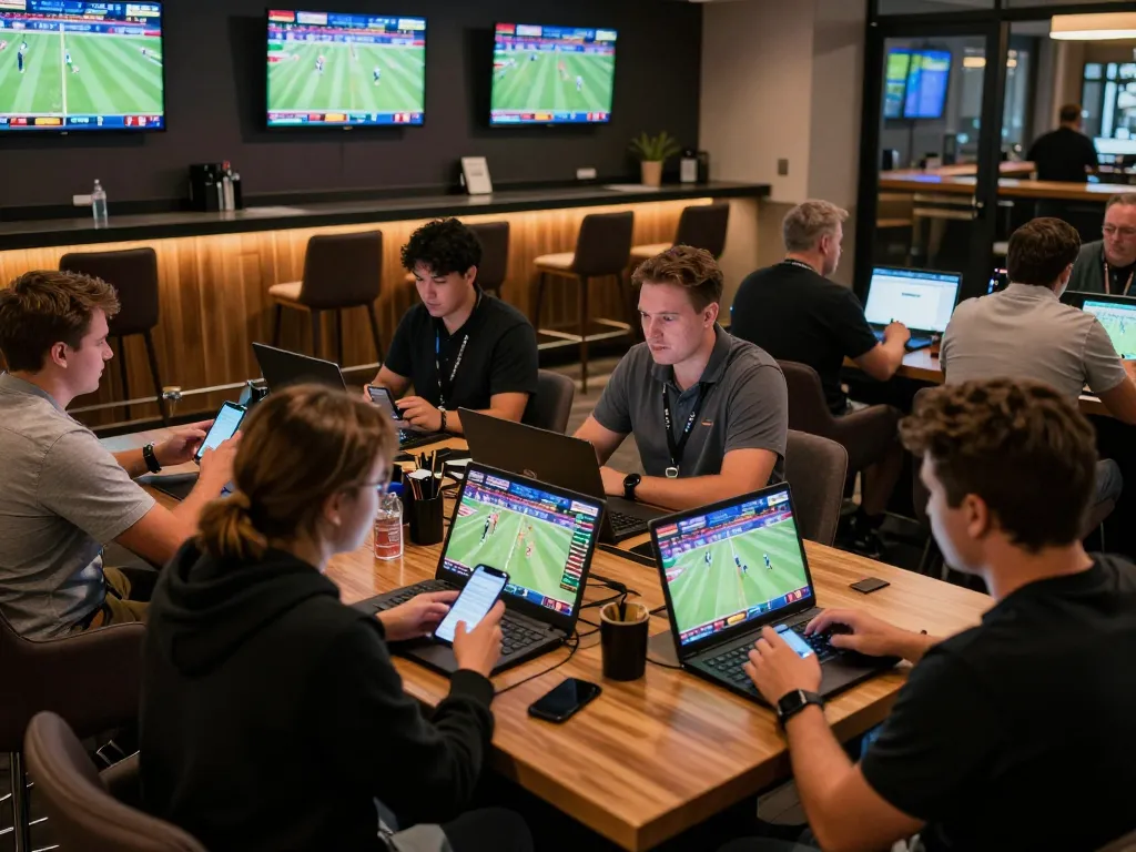 Engaging sports betting scene at 1gom with players actively analyzing odds and placing bets