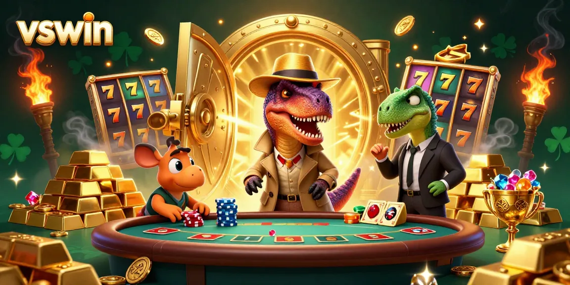 Experience the excitement at vswin with a unique 3D casino scene featuring vibrant characters and golden treasures.