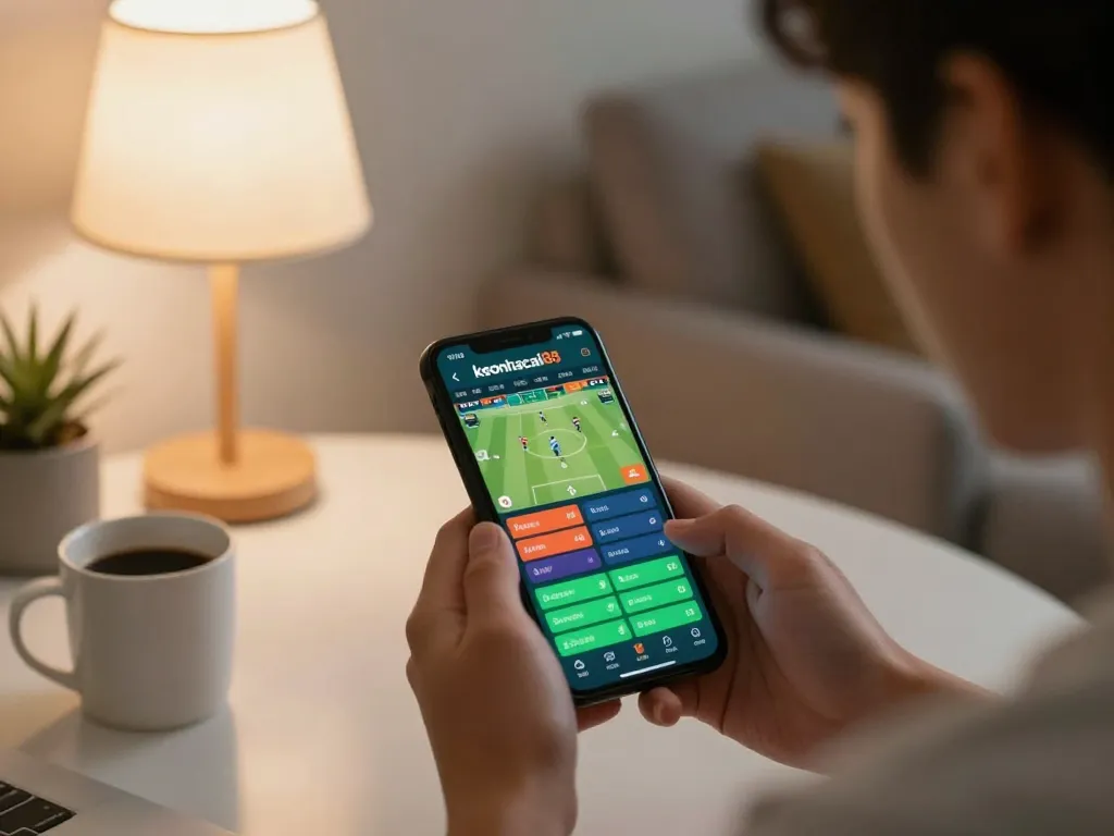 Person using the keonhacaii88 app for online sports betting on smartphone, cozy home setting with warm lighting.