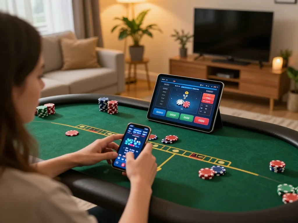 Fly88 online gaming experience showcasing a player engaged with a table game on a tablet amidst a cozy setting.