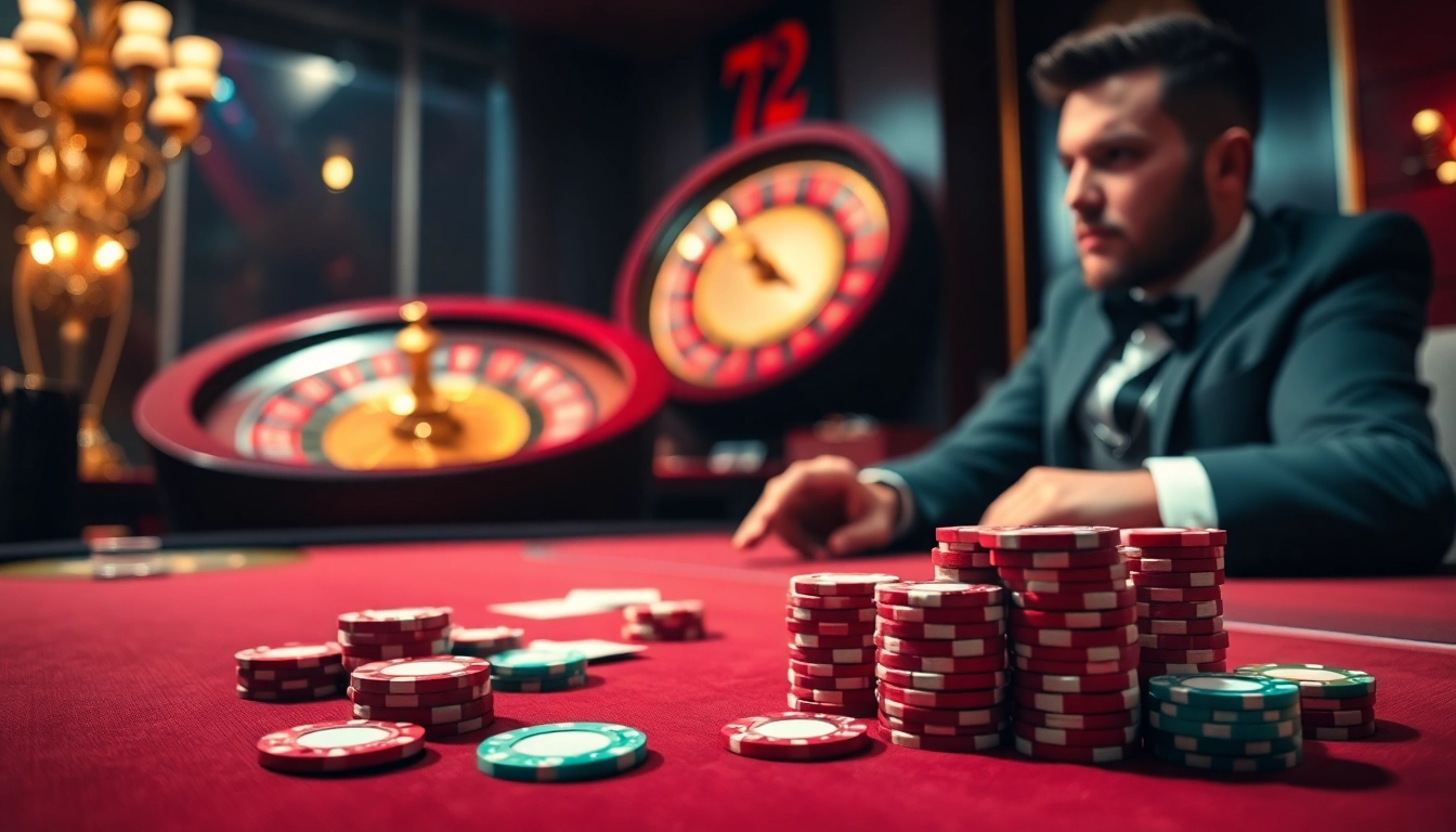 Experience high-stakes excitement at 789F's luxury casino scene featuring poker chips and a roulette wheel.