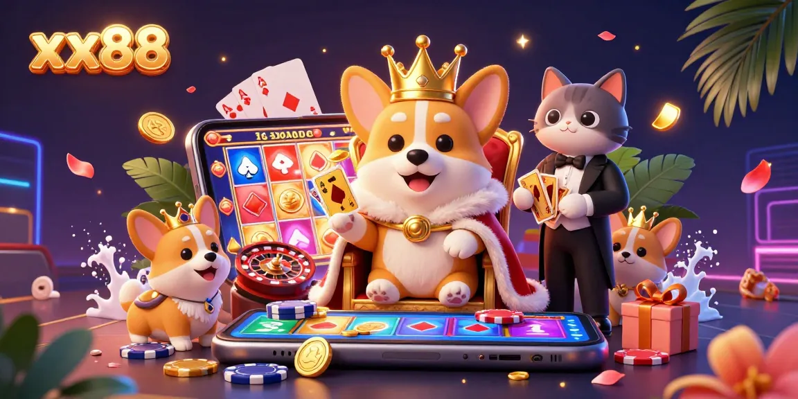 Win big with xx88! Illustrated scene of a royal corgi on poker chips, surrounded by vibrant casino elements.