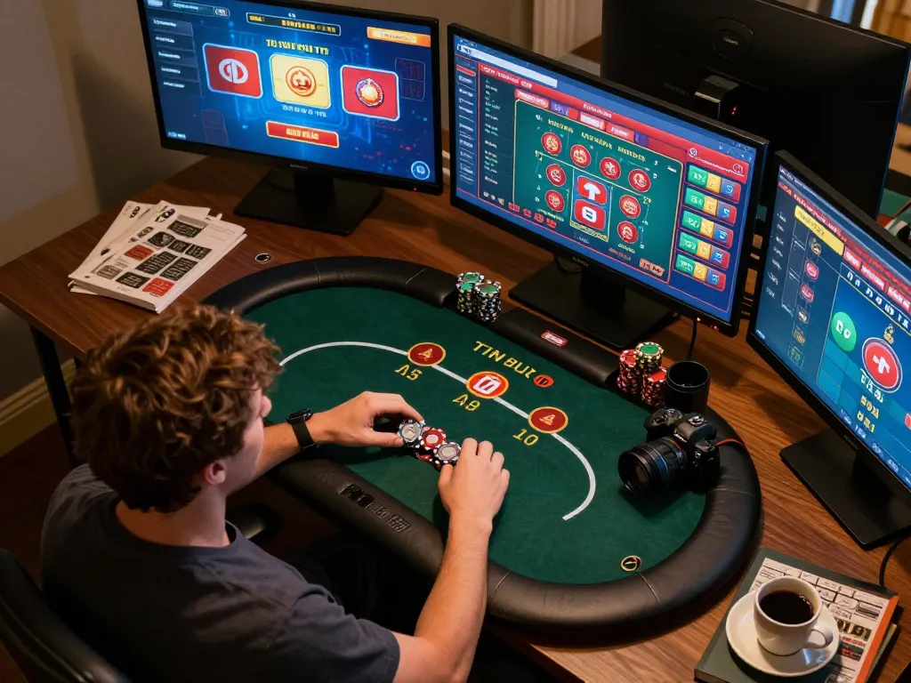 uu88 player engaged in online poker game at home desk, vibrant interface showing betting options and live dealer.