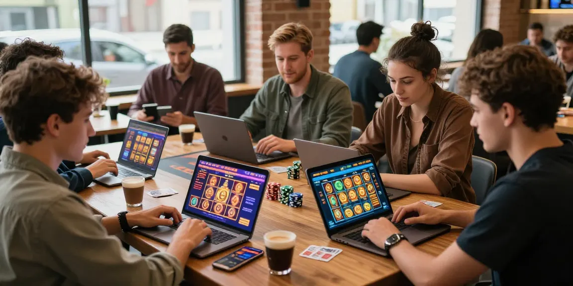 Players in credit card casinos enjoying a vibrant gaming experience in a cozy café with laptops, cards, and gaming chips.