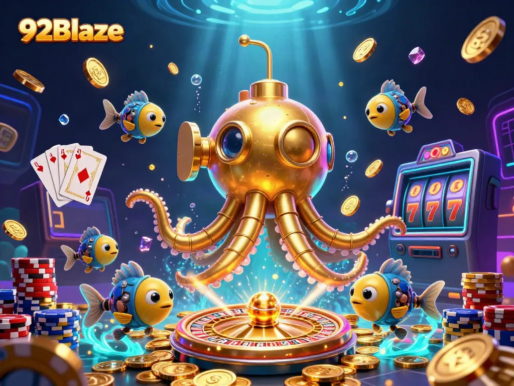 Experience thrilling gaming action with 92Blaze, featuring a vibrant kraken submarine amidst golden coins and casino elements.