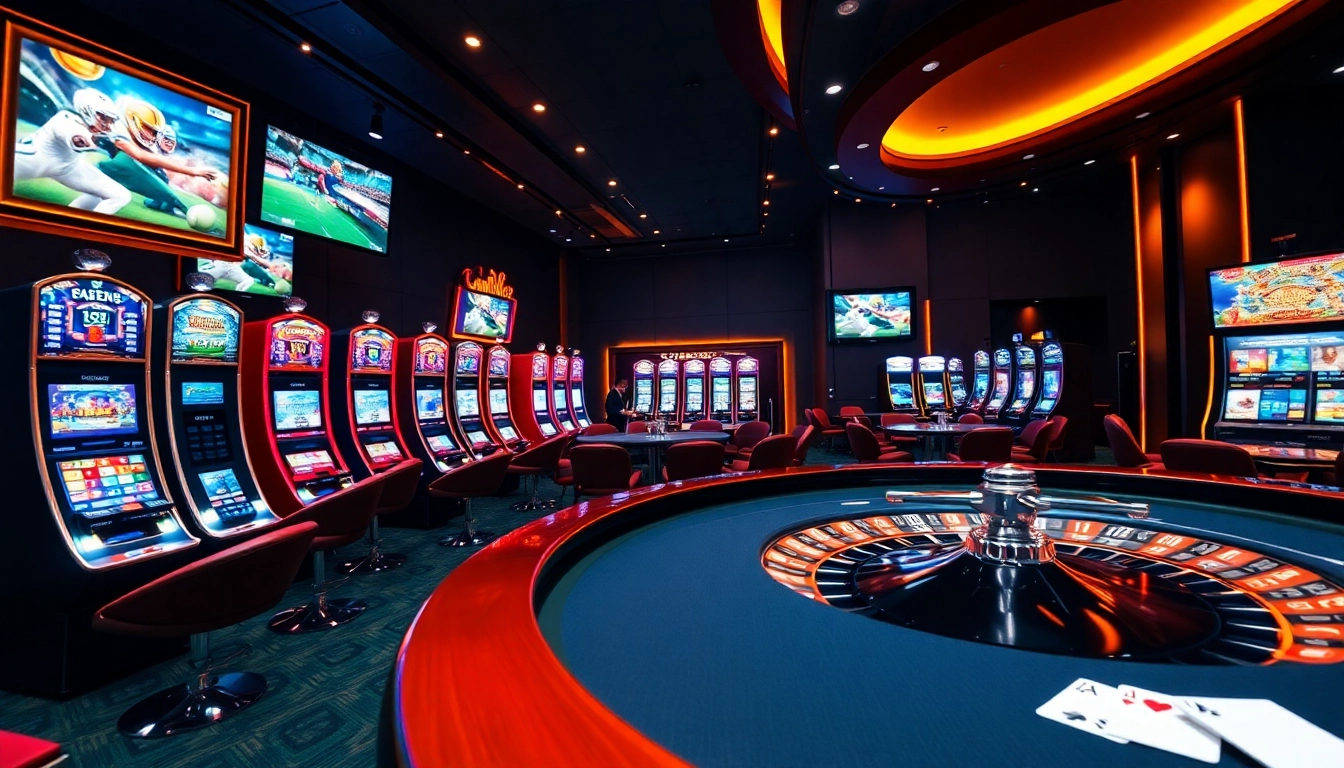 Experience the thrilling atmosphere of bet88.com with a luxurious casino setting filled with vibrant slot machines and engaging games.
