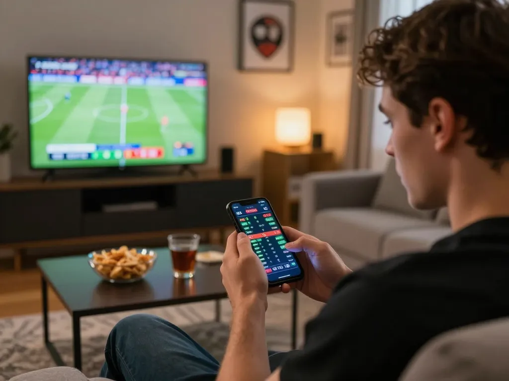 Engaging in cá độ bóng đá with smartphone displaying live odds in a cozy home.