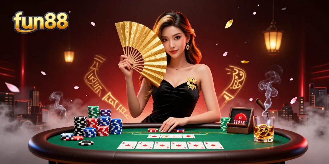 Engage with thrilling poker action at fun88 featuring a stunning dealer amidst vibrant gaming elements.