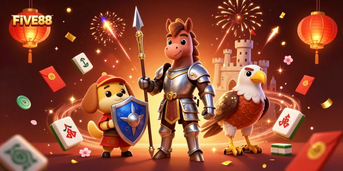 Engage with the vibrant FIVE88 casino scene filled with knights and festive elements, showcasing dynamic gaming action.
