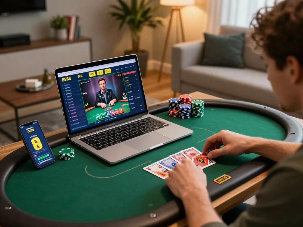 EE88 player engaging with poker game interface on mobile and laptop in a cozy home setting