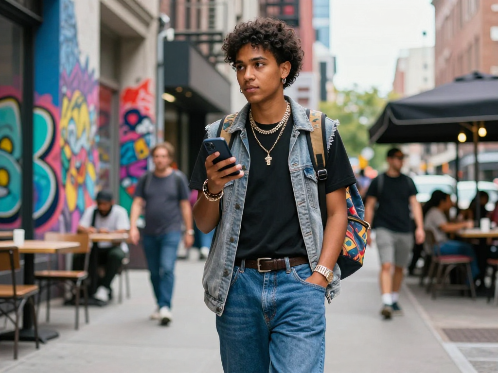 Bold urban fashion scene with an 'ai slut' lifestyle influencer showcasing trendy streetwear style.