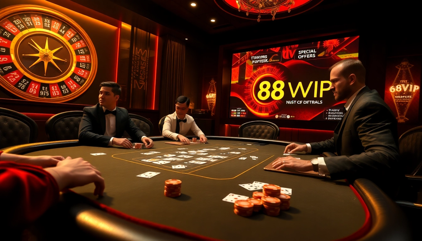 Experience a thrilling poker game at 68VIP casino, featuring elegant tables, vibrant chips, and intense gameplay.