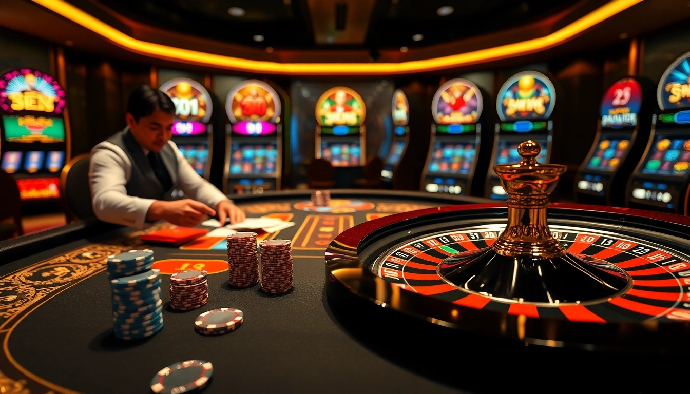Experience intense gaming action at 33win's luxurious casino table featuring cards and poker chips.