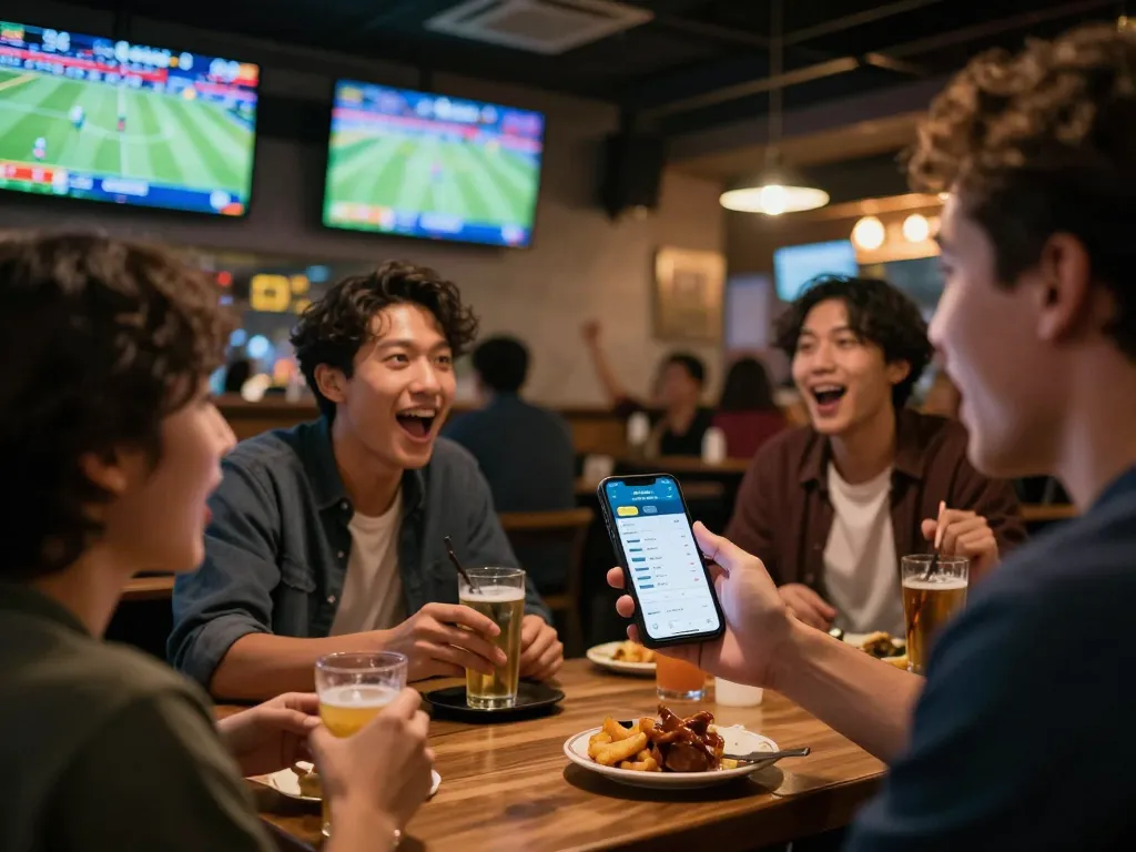 Engaged sports betting enthusiast checking kèo nhà cái odds on smartphone in a lively sports bar.