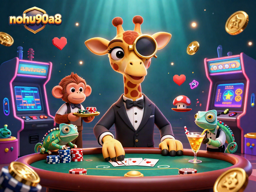 Engage with nohu90a8 as a giraffe high-roller plays poker amid vibrant casino elements.