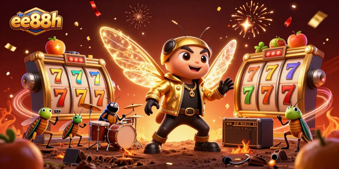 Experience thrill at ee88h with lively illustration showcasing casino excitement with characters among slots, fireworks, and vibrant symbols.