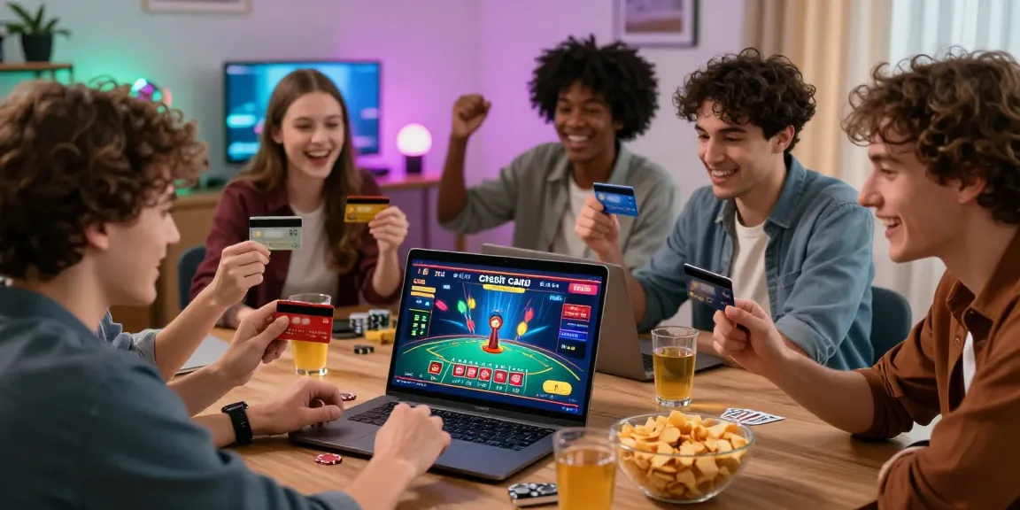 Exciting online gaming scene with friends enjoying credit card casinos at home, featuring credit cards and animated game visuals.