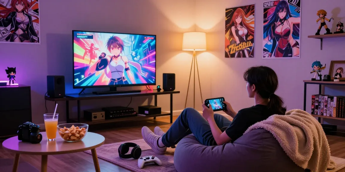Gamer enjoying hentai games online in a cozy adult gaming lounge.