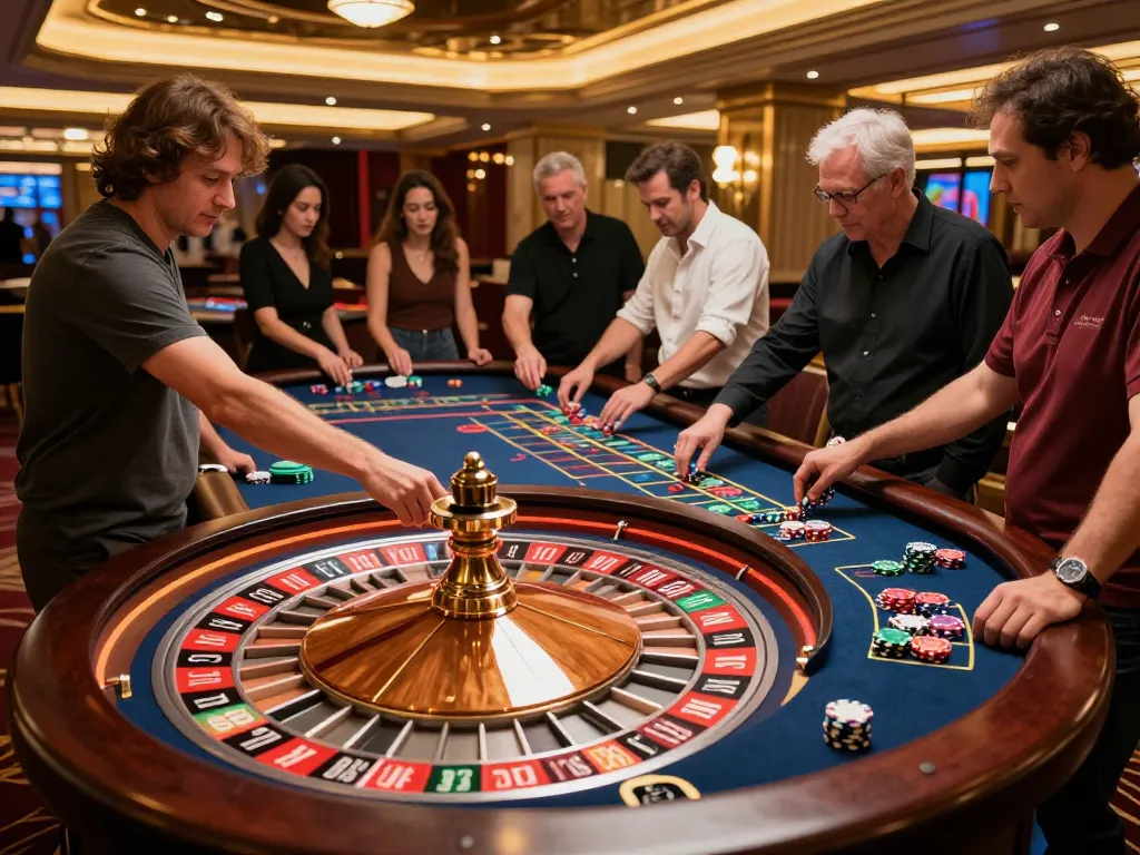 I9BET roulette table activity with players placing bets and a spinning wheel in a vibrant casino atmosphere.