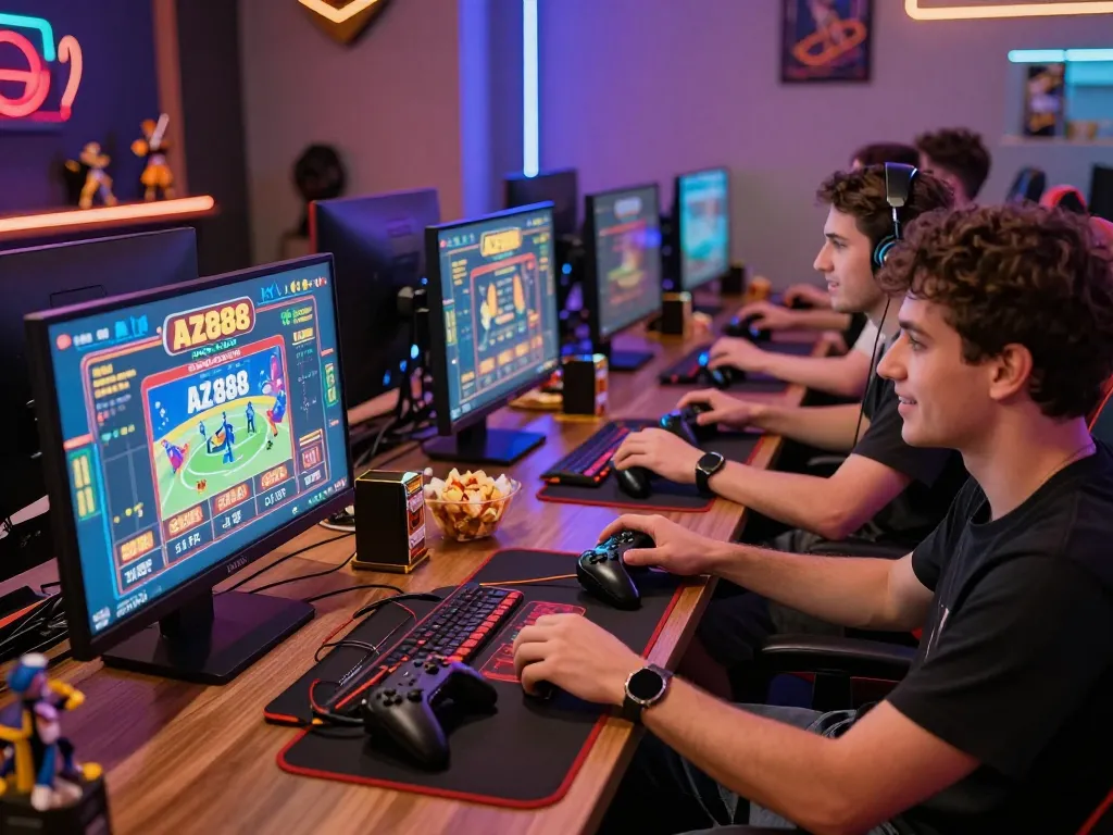 Friends enjoying games on AZ888 com during a live-streamed casino night with modern gaming setup.