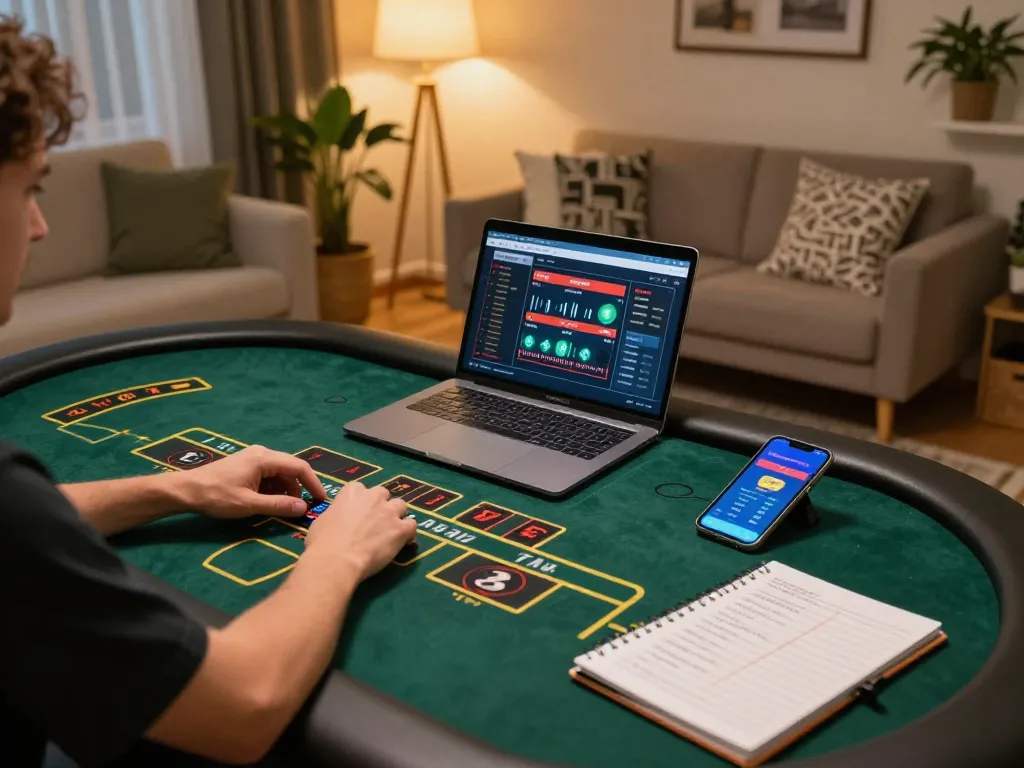 Person engaging in online casino with lsa app on laptop, showcasing strategic gameplay elements in cozy setting