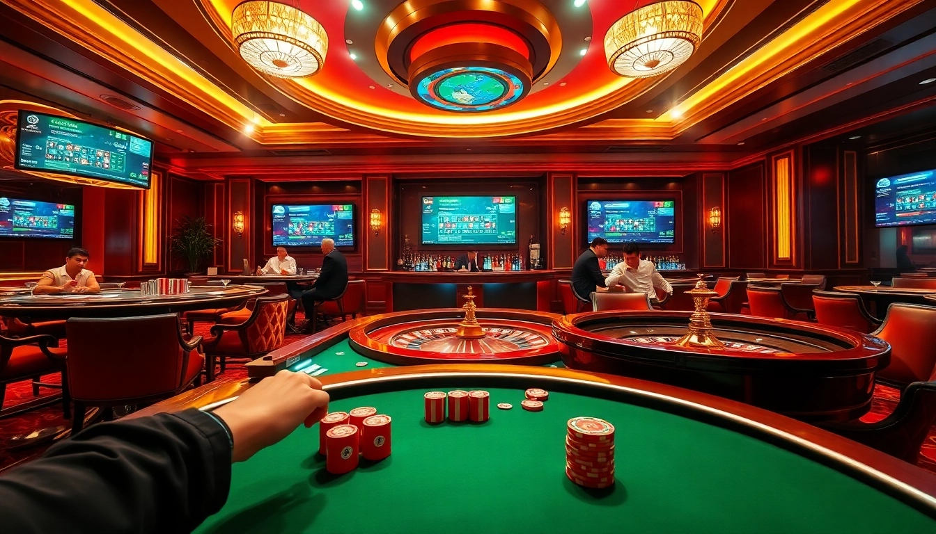 km1888b players enjoying a thrilling poker game in a luxurious casino setting.
