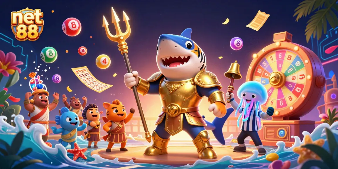 Spin colorful lottery balls and win with net 88 in a vibrant underwater casino scene.